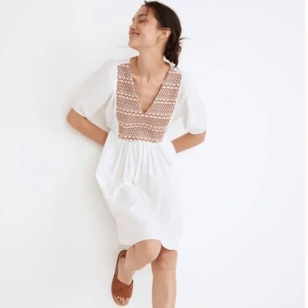 Madewell Sz L white embroidered poplin V neck mini dress